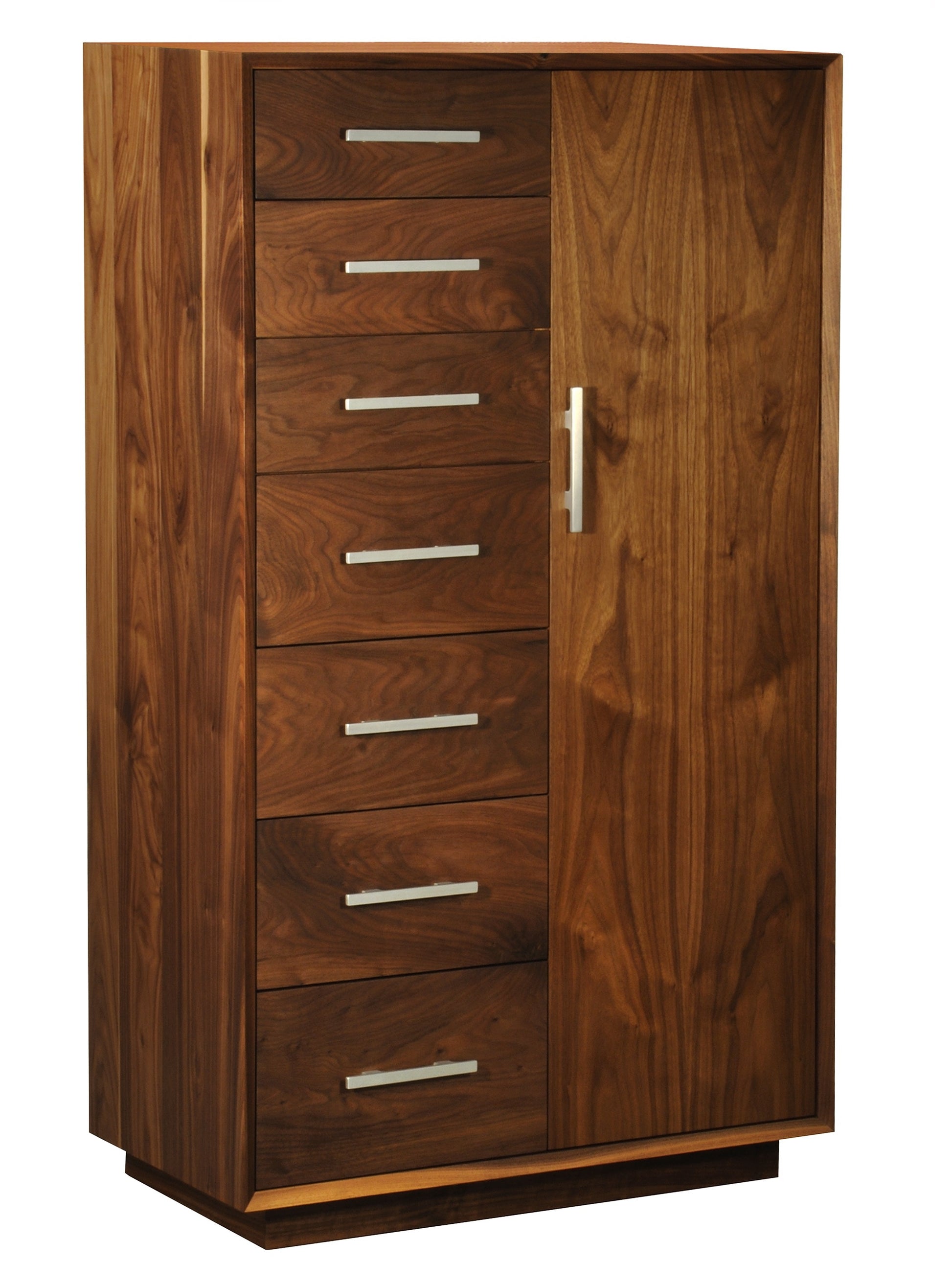 A tall wooden storage cabinet with seven drawers on the left and a single door on the right, finished in a dark Walnut wood tone with silver metal handles.
