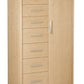 A tall wooden storage cabinet with seven drawers on the left and a single door on the right, finished in a light Maple wood tone with silver metal handles.