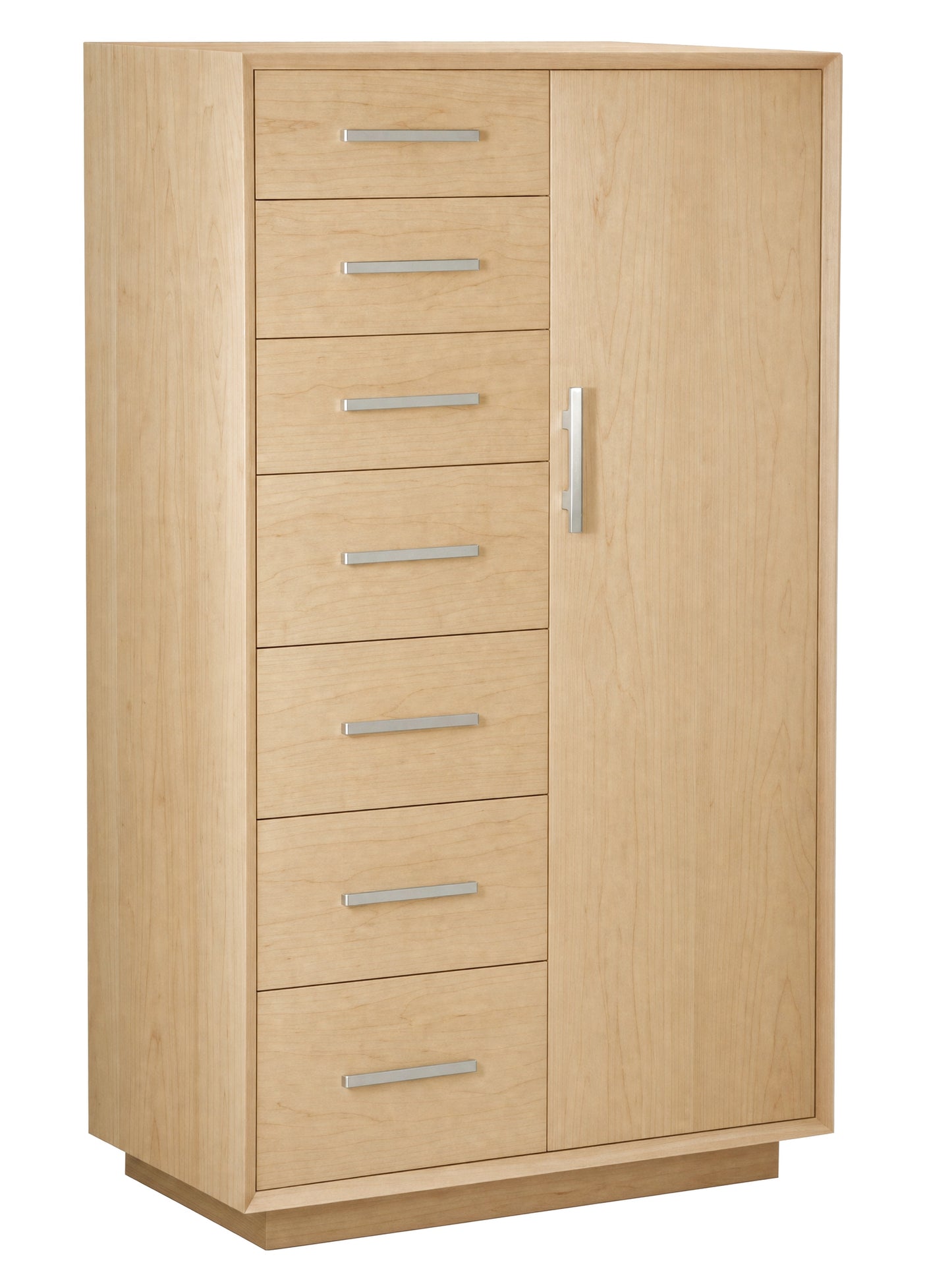 A tall wooden storage cabinet with seven drawers on the left and a single door on the right, finished in a light Maple wood tone with silver metal handles.