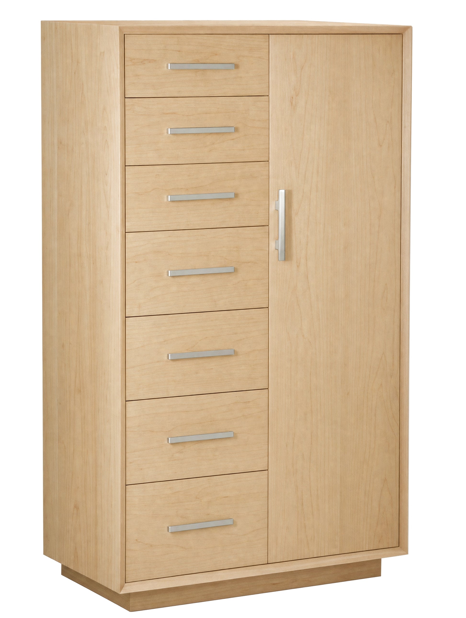 A tall wooden storage cabinet with seven drawers on the left and a single door on the right, finished in a light Maple wood tone with silver metal handles.