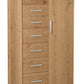 A tall wooden storage cabinet with seven drawers on the left and a single door on the right, finished in a warm oak wood grain with silver metal handles, shown on a plain white background.