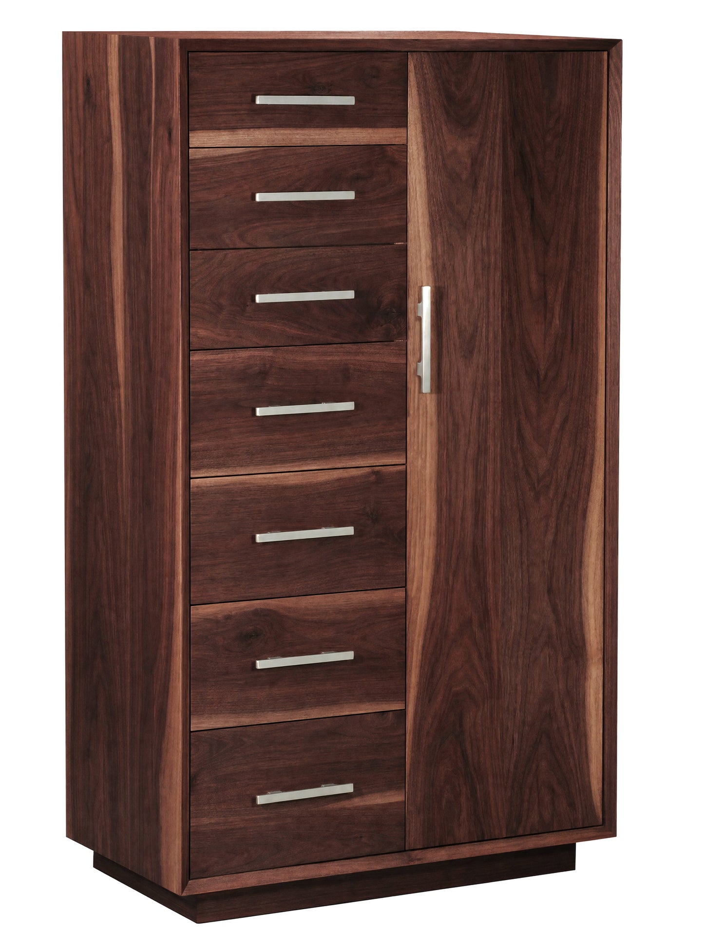 A tall wooden storage cabinet with six drawers on the left and a single door on the right, featuring a rich dark brown wood grain finish and modern silver metal handles.