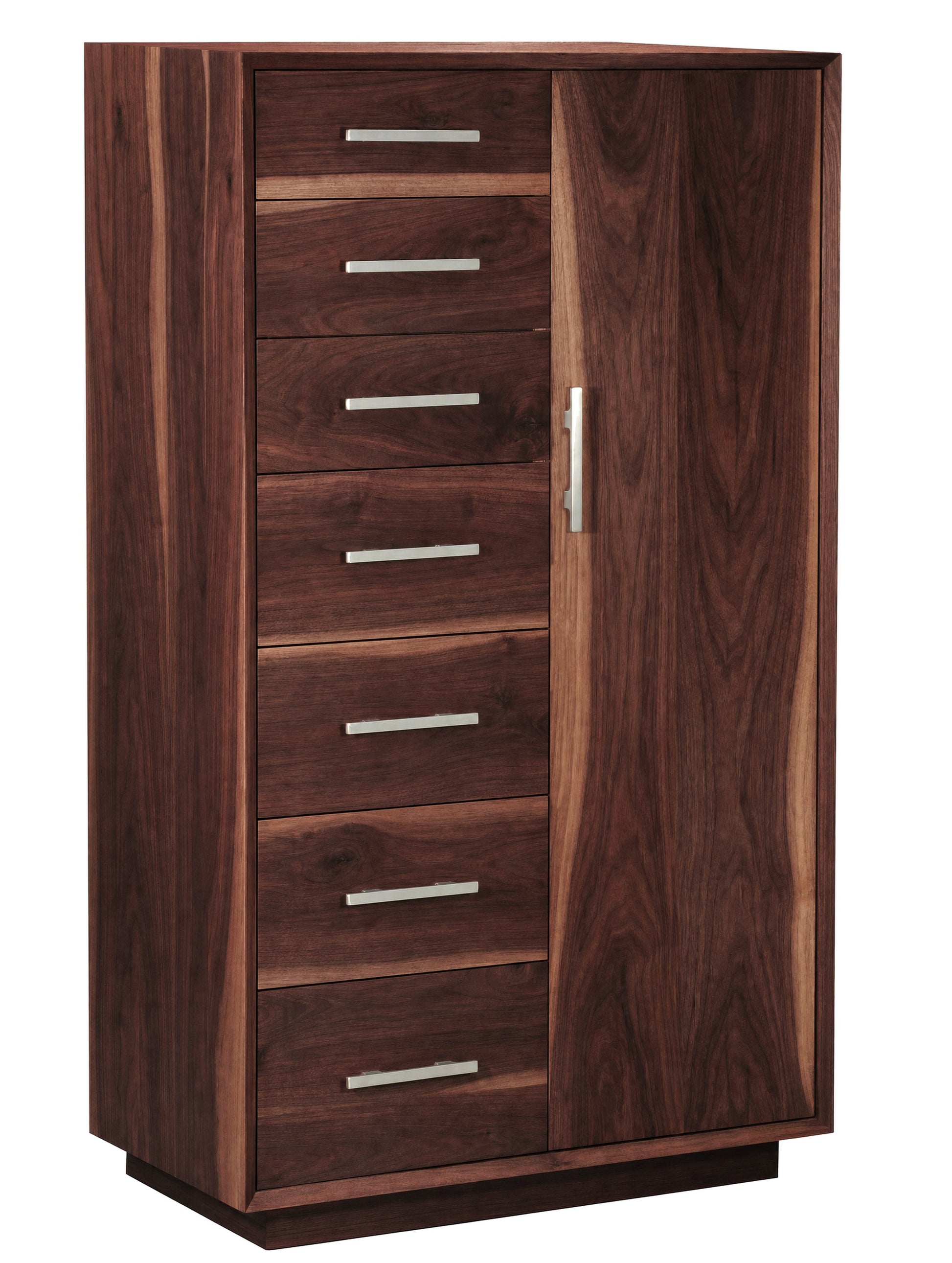 A tall wooden storage cabinet with six drawers on the left and a single door on the right, featuring a rich dark brown wood grain finish and modern silver metal handles.