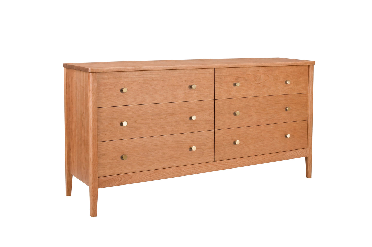 A mid-century modern six-drawer wooden dresser in a warm Cherry finish, featuring small round brass knobs, shown on a solid white background.