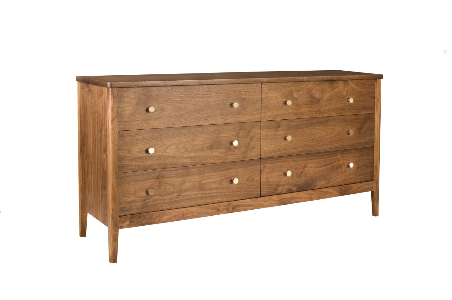 A mid-century modern wooden dresser with six drawers, featuring a warm medium-brown wood finish and small round brass knobs, shown on a plain white background.