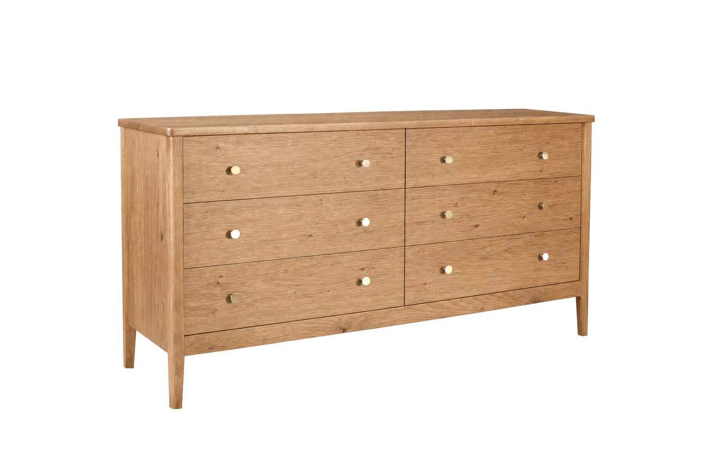 A mid-century modern six-drawer wooden dresser in an Oak finish, featuring small round brass knobs, shown on a solid white background.
