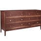 A mid-century modern six-drawer wooden dresser in a dark Walnut finish, featuring small round brass knobs, shown on a solid white background.