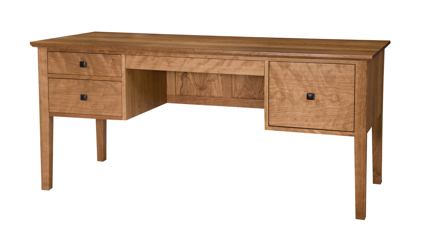 A classic wooden desk with a warm Cherry finish, featuring two drawers on the left, one drawer on the right, an open center shelf, and a slanted top, shown on a solid white background.