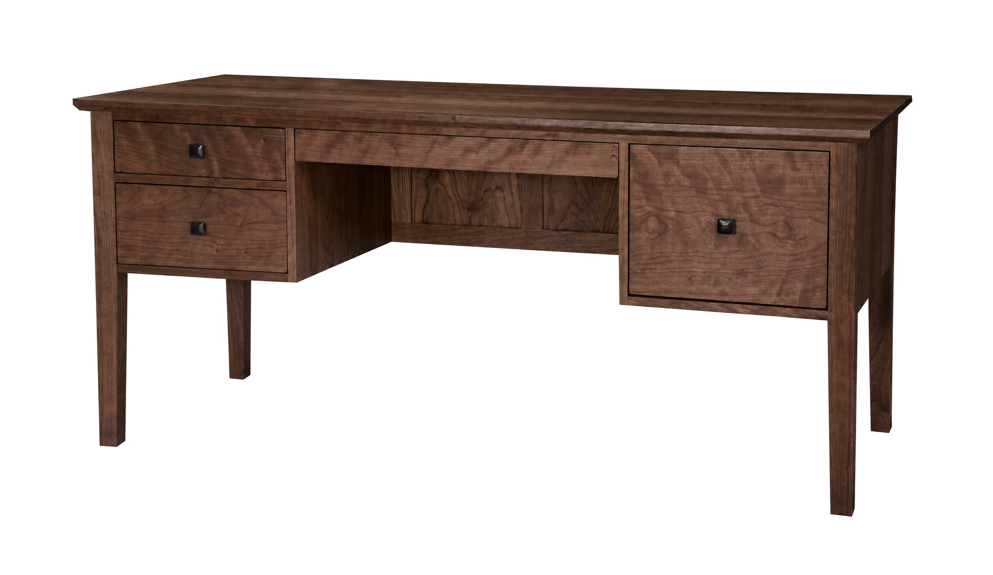 A classic wooden desk with a Walnut finish, featuring two drawers on the left, one drawer on the right, an open center shelf, and a slanted top, shown on a solid white background. 
