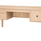A classic wooden desk with a light maple finish, featuring two drawers on the left, one drawer on the right, an open center shelf, and a slanted top, shown on a solid white background.