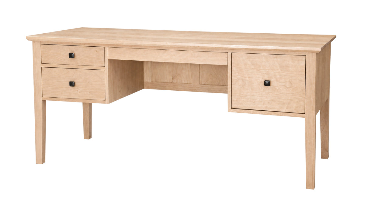 A classic wooden desk with a light maple finish, featuring two drawers on the left, one drawer on the right, an open center shelf, and a slanted top, shown on a solid white background.