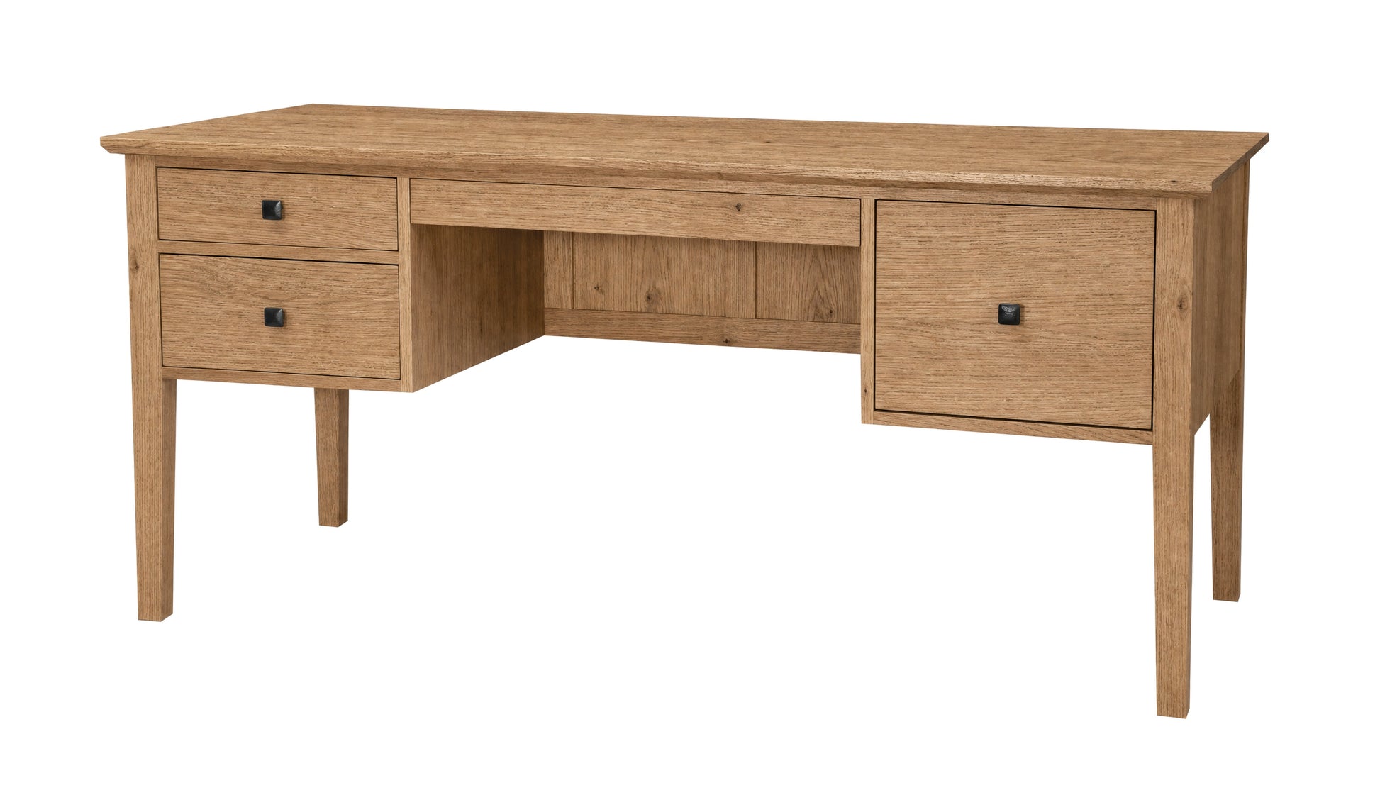 A light oak wood writing desk with two drawers on the left, one center drawer, and one larger drawer on the right, featuring small black metal pulls, shown on a solid white background.