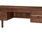 A dark brown wooden writing desk with two drawers on the left, one drawer on the right, and an open center shelf, shown on a plain white background.