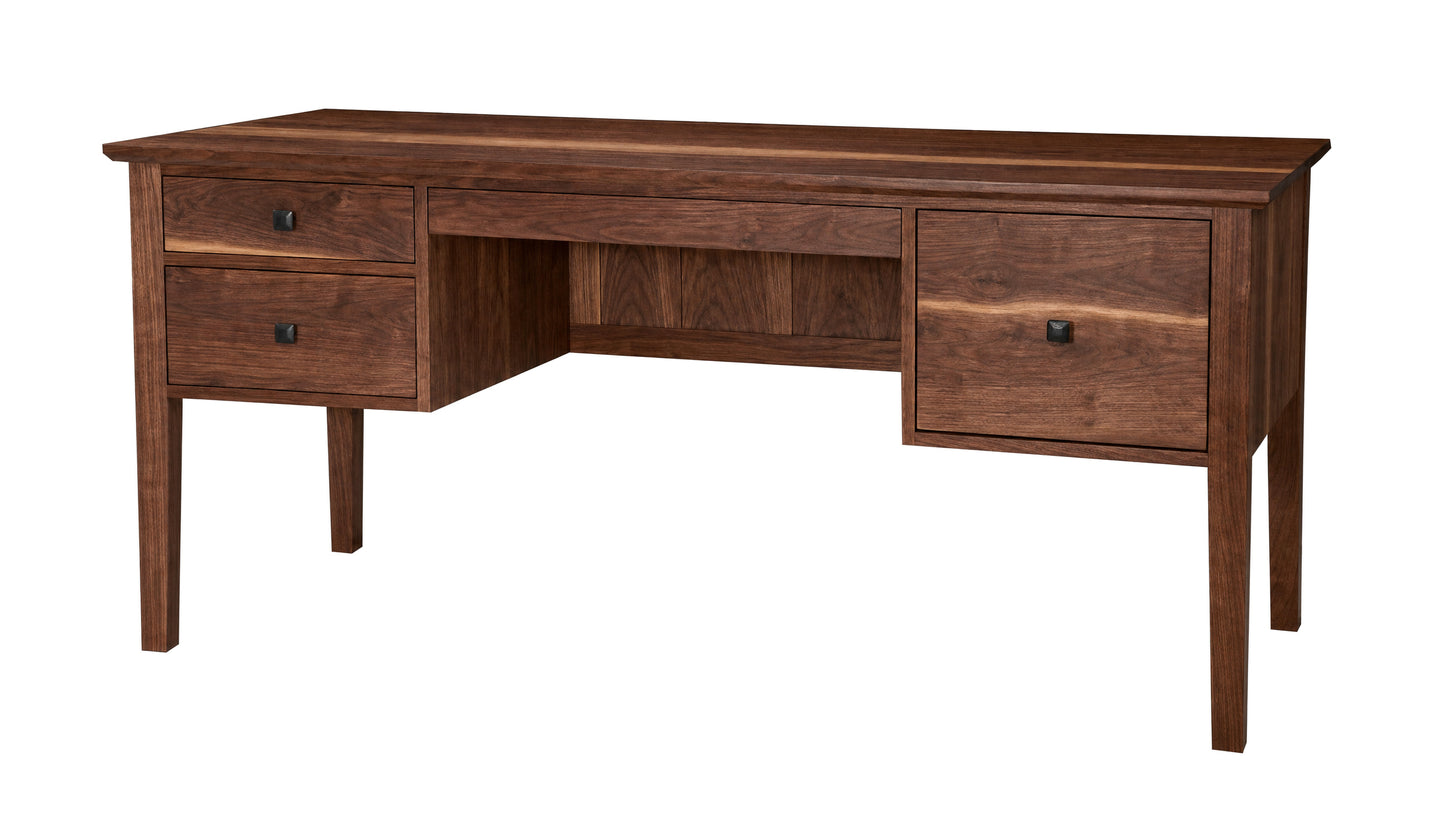 A dark brown wooden writing desk with two drawers on the left, one drawer on the right, and an open center shelf, shown on a plain white background.