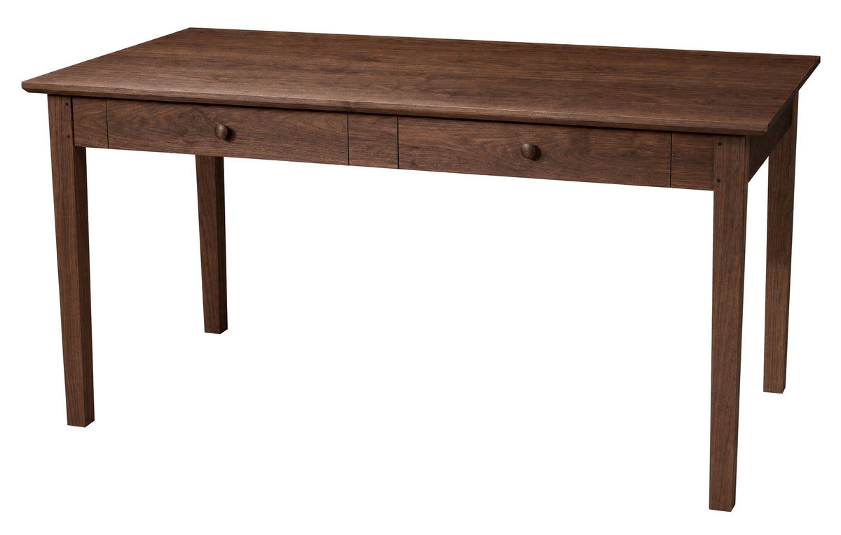 A dark brown wooden writing desk with two drawers and round knobs, shown from a three-quarter angle on a white background.