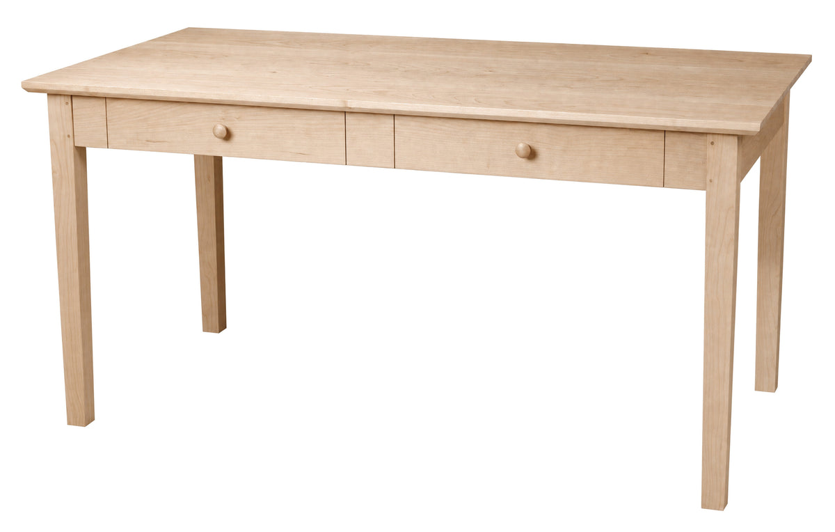 A light natural wood writing desk with two drawers and round wooden knobs, shown from a three-quarter angle on a white background.