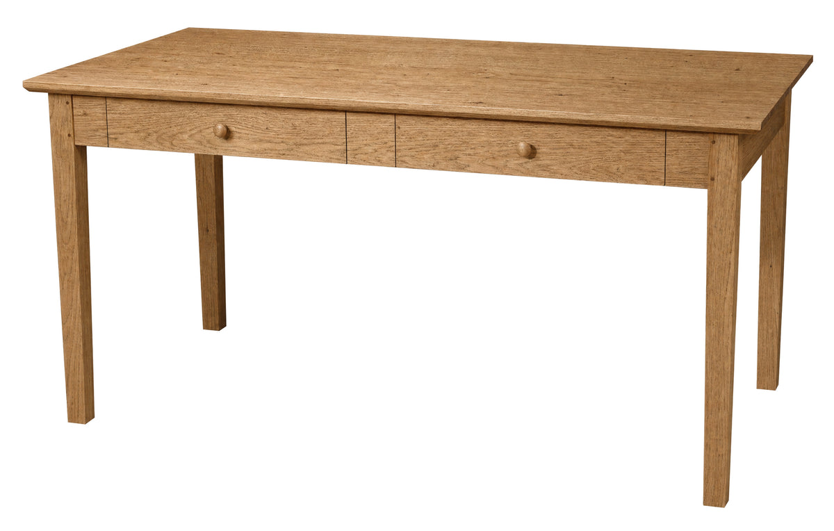 A light oak wood writing desk with two drawers and round wooden knobs, shown from a three-quarter angle on a white background.