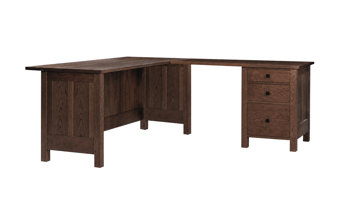 An L-shaped wooden desk with a three-drawer side cabinet, shown from a three-quarter angle on a solid white background.
