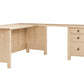 An L-shaped light Maple wooden desk with a three-drawer side cabinet, shown from a three-quarter angle on a solid white background.