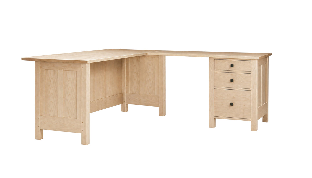 An L-shaped light Maple wooden desk with a three-drawer side cabinet, shown from a three-quarter angle on a solid white background.