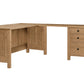 An L-shaped wooden desk with a three-drawer side cabinet, shown from a three-quarter angle on a solid white background.