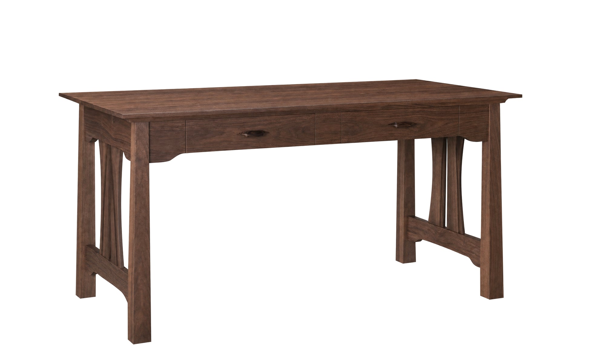 A wooden writing desk with a dark Walnut finish, featuring a single drawer with dark wood handles and decorative apron legs, shown on a solid white background.