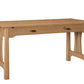A wooden writing desk with a light Oak finish, featuring a single drawer with dark wood handles and decorative apron legs, shown on a solid white background.