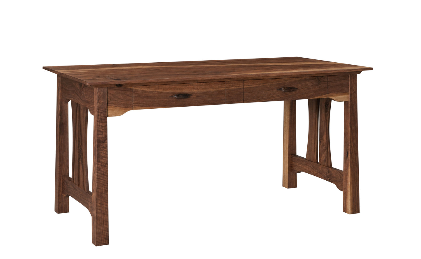 A wooden writing desk with a dark Walnut finish, featuring a single drawer with dark wood handles and decorative apron legs, shown on a solid white background.
