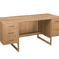 A mid-century modern wooden desk with a natural oak finish, featuring three drawers on the left, two drawers on the right, an open center shelf, and angled metal legs, shown on a white background.