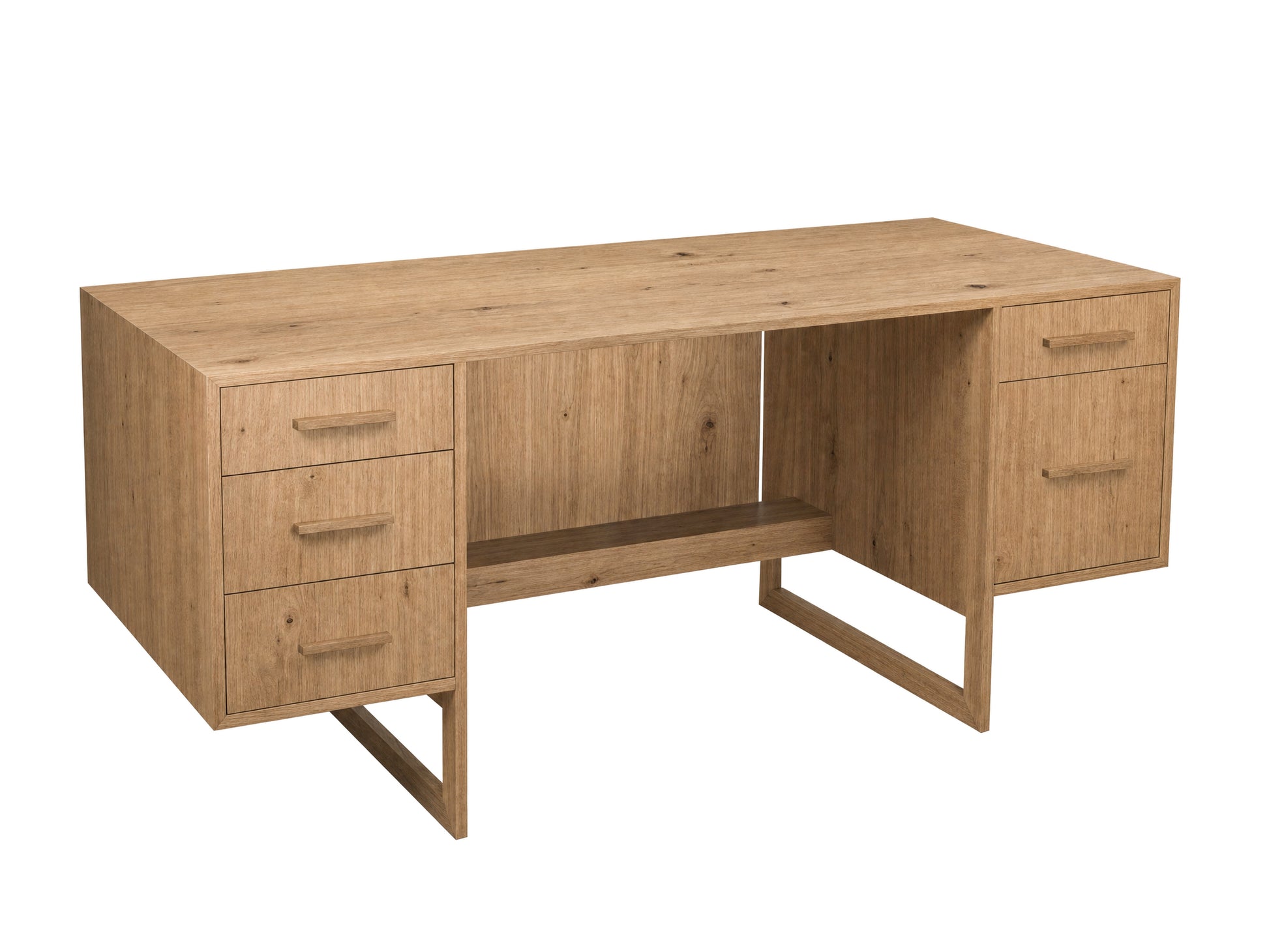 A mid-century modern wooden desk with a natural oak finish, featuring three drawers on the left, two drawers on the right, an open center shelf, and angled metal legs, shown on a white background.
