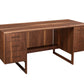 A mid-century modern wooden writing desk with a rich walnut finish, featuring three drawers on the left, two drawers on the right, an open center shelf, and a geometric metal leg frame, shown on a solid white background.
