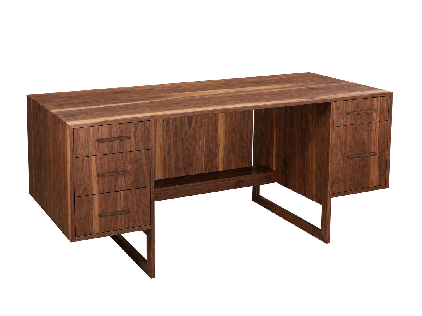 A mid-century modern wooden writing desk with a rich walnut finish, featuring three drawers on the left, two drawers on the right, an open center shelf, and a geometric metal leg frame, shown on a solid white background.