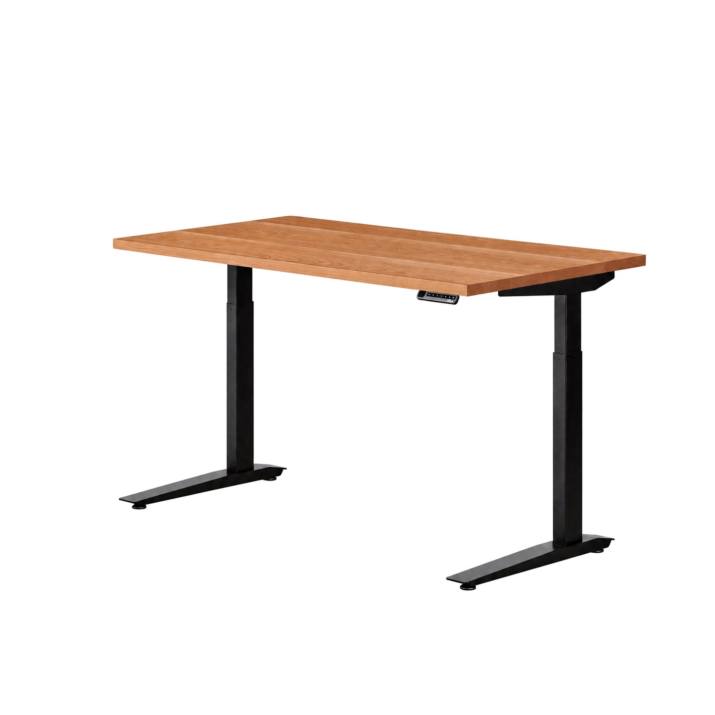 An electric height-adjustable desk with a light Cherry wood-grain top and black metal legs, shown on a solid white background.