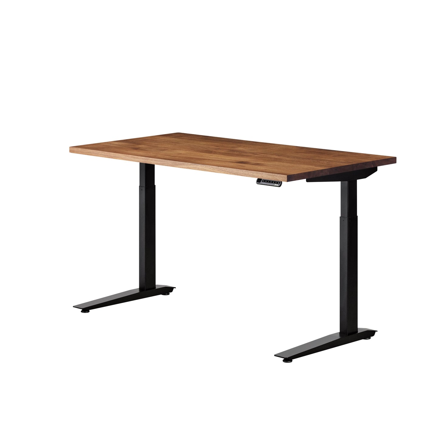 An adjustable height standing desk with a medium brown wood grain top and black metal legs, shown on a solid white background.