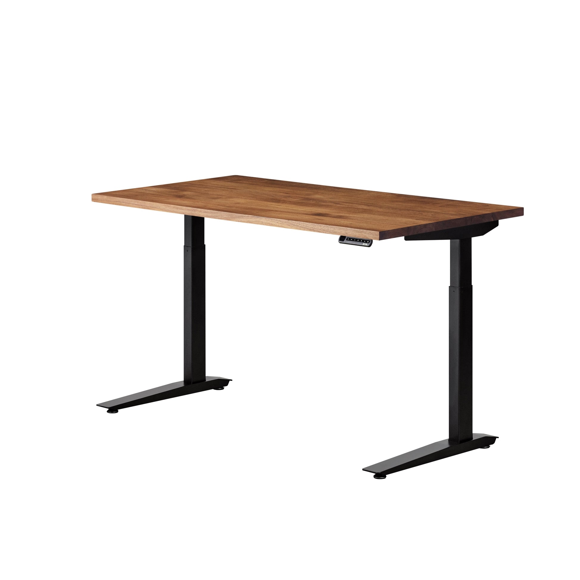 An adjustable height standing desk with a medium brown wood grain top and black metal legs, shown on a solid white background.