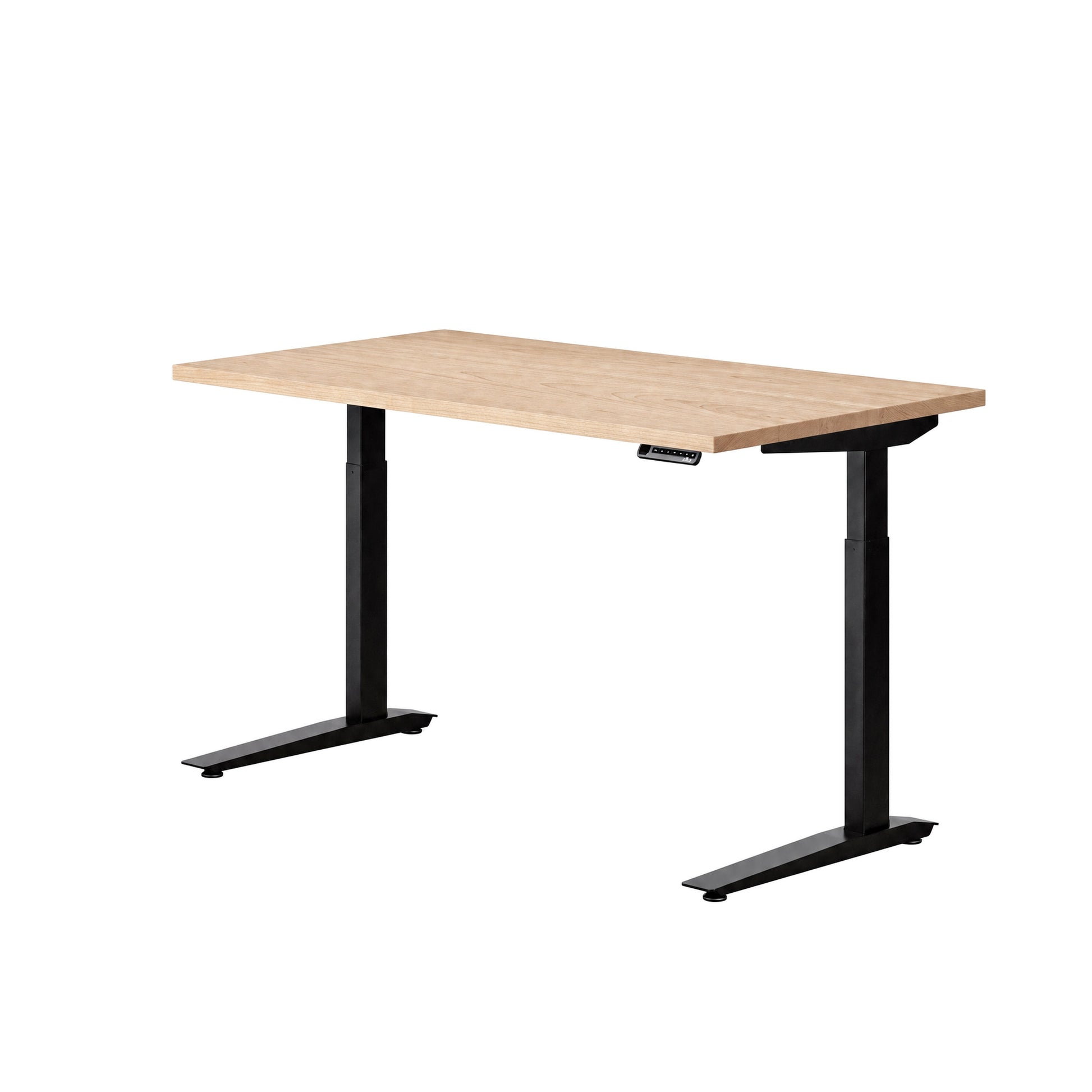 An electric height-adjustable desk with a light Maple wood grain top and black metal legs, shown on a solid white background.