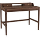A dark brown wooden writing desk with a hutch featuring two small drawers with brass knobs, set against a plain white background.