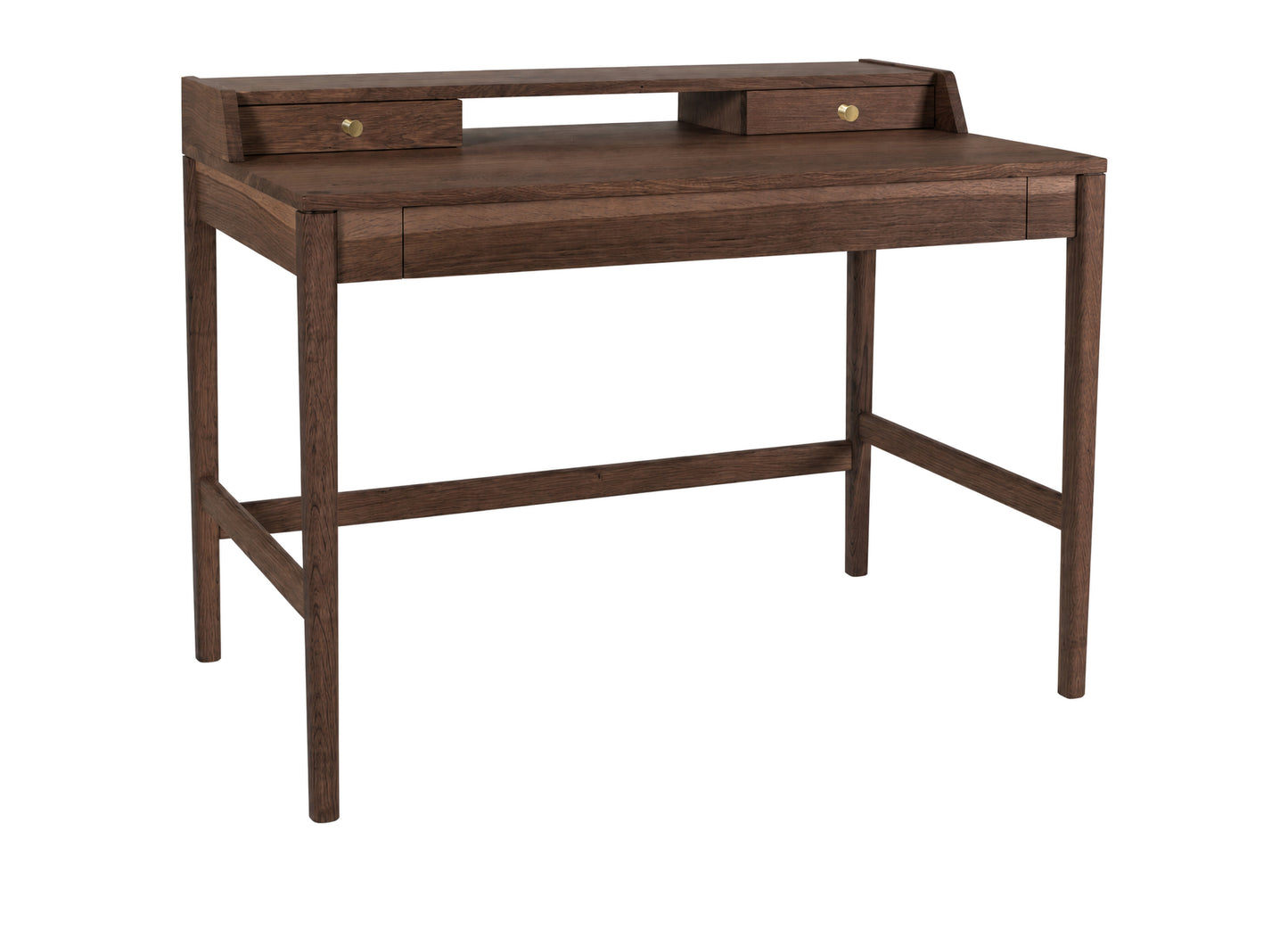 A dark brown wooden writing desk with a hutch featuring two small drawers with brass knobs, set against a plain white background.