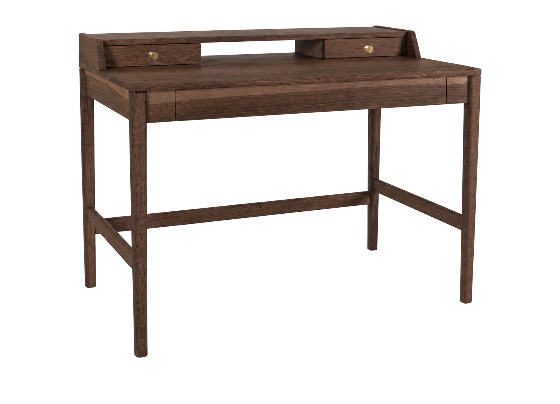 A dark brown wooden writing desk with a hutch featuring two small drawers with brass knobs, set against a plain white background.
