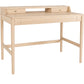 A light natural wood writing desk with a top shelf, two small drawers on the back panel, and brass-colored knobs, shown on a solid white background.