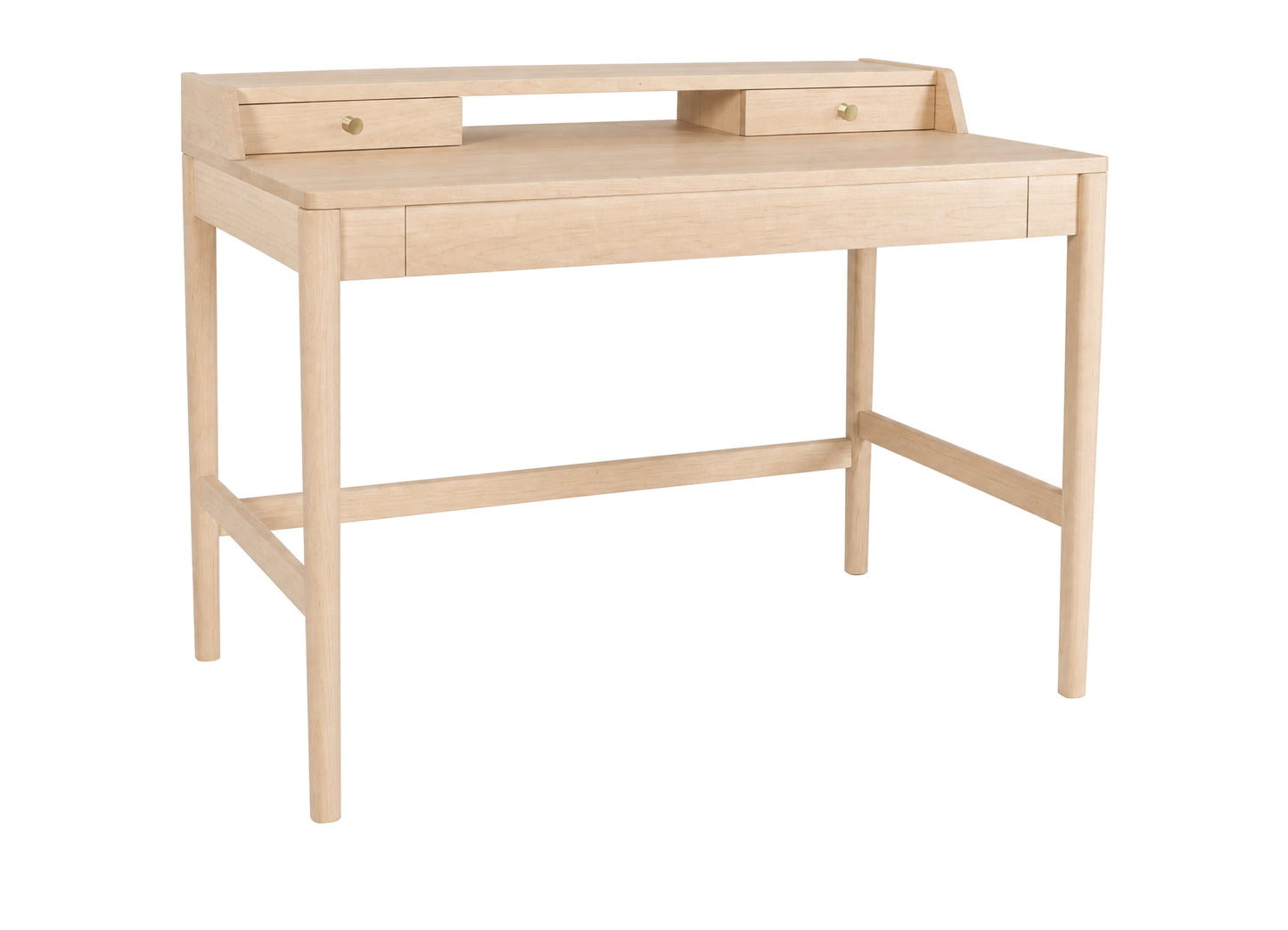 A light natural wood writing desk with a top shelf, two small drawers on the back panel, and brass-colored knobs, shown on a solid white background.