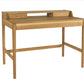 A light oak wood writing desk with a built-in shelf, two small drawers on the back panel, and a clean rectangular frame, shown on a solid white background.
