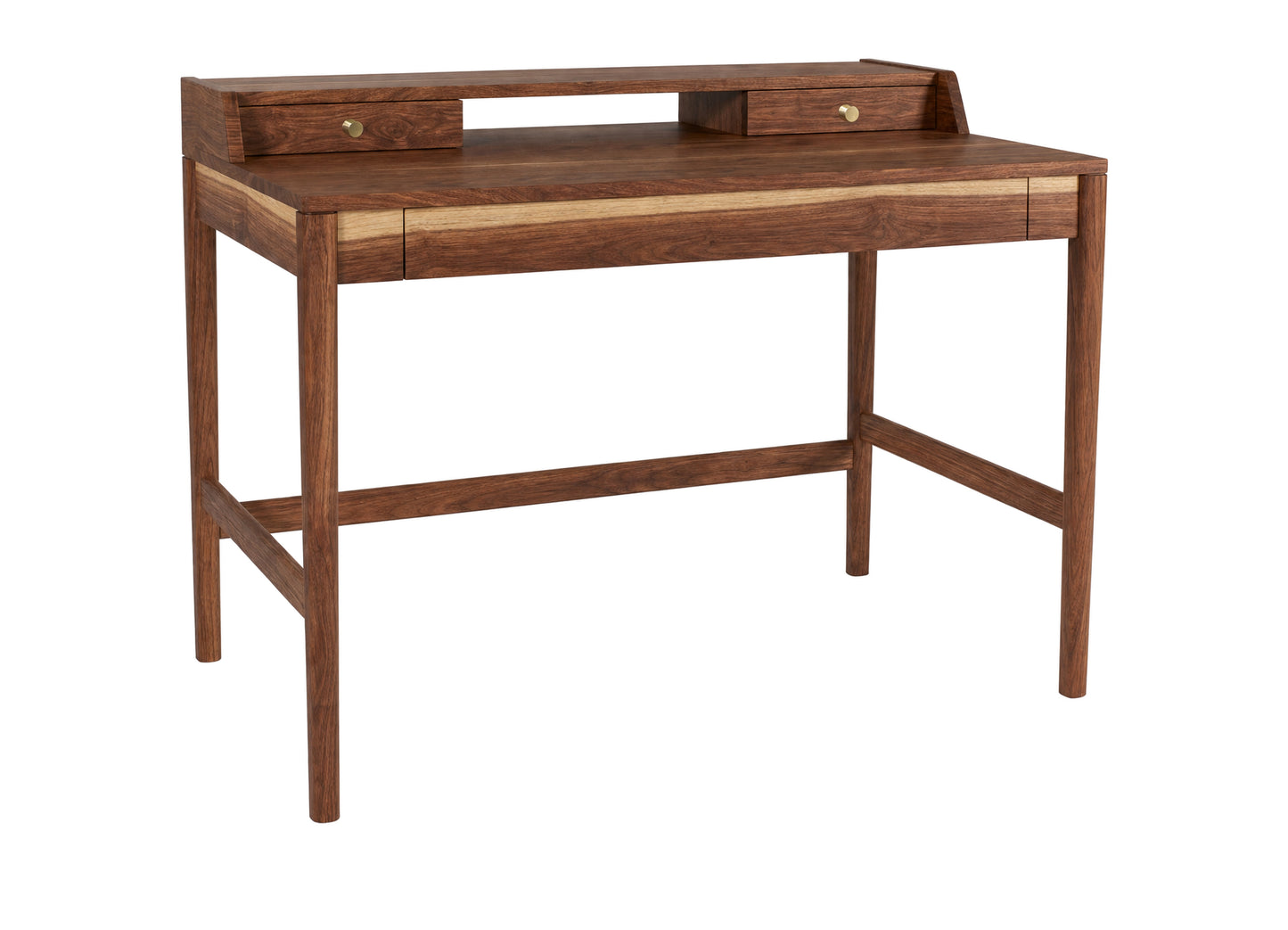 A mid-century modern wooden writing desk with a warm walnut finish, featuring a top shelf with two small drawers and brass knobs, set against a plain white background.