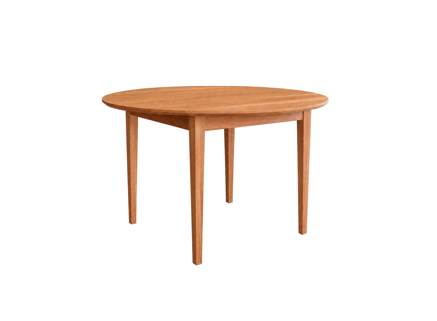 A round wooden dining table with a warm medium-brown finish and four tapered legs, shown on a plain white background.