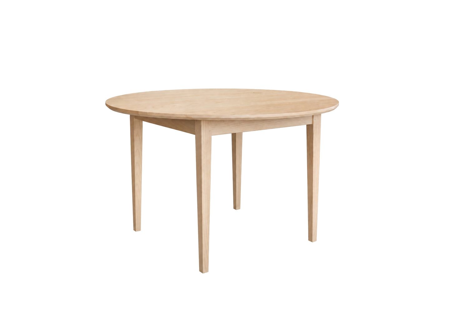 A light natural wood round dining table with four tapered legs, shown on a solid white background.