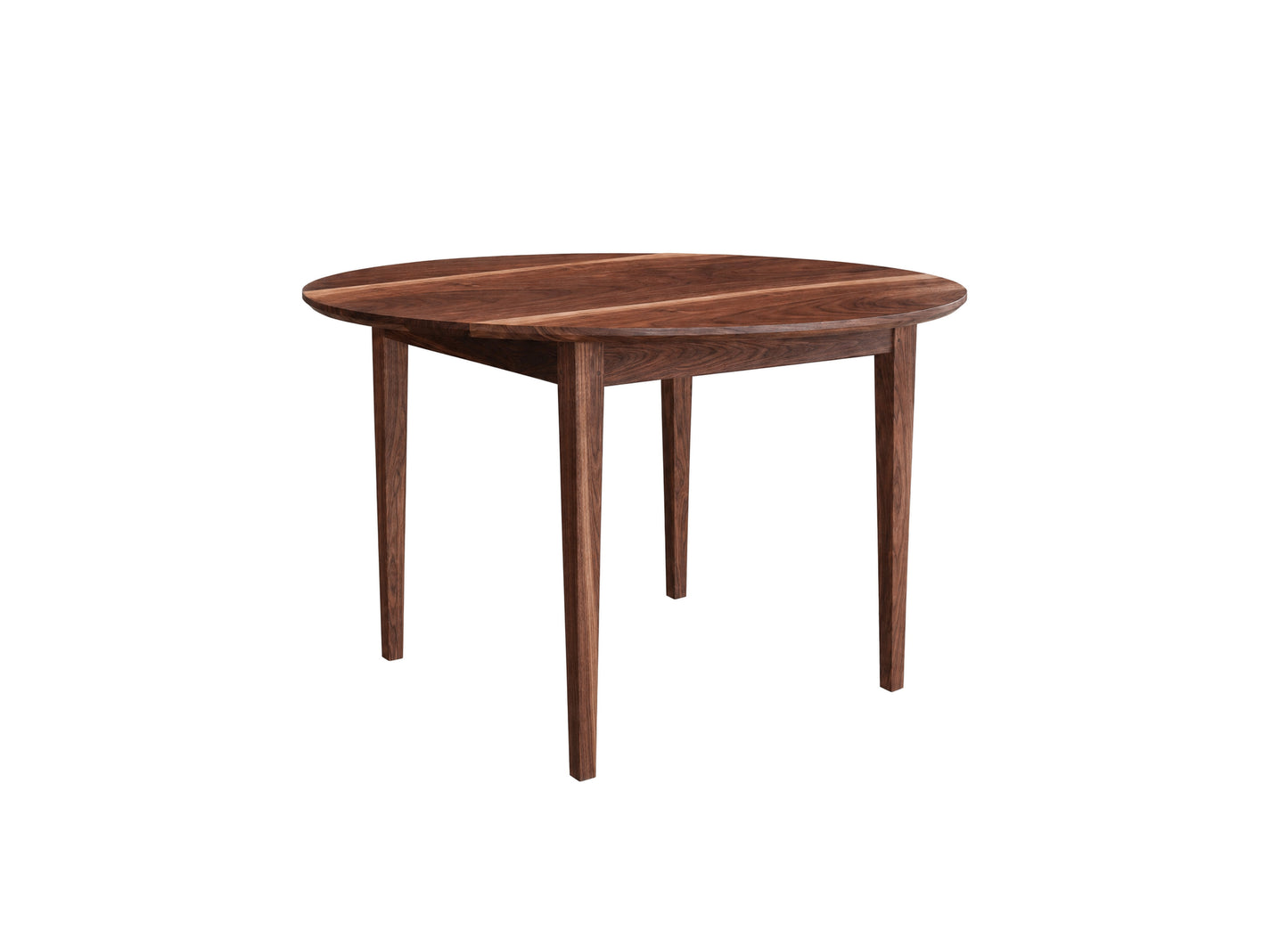 A round wooden dining table with a Walnut finish and four tapered legs, shown on a plain white background.