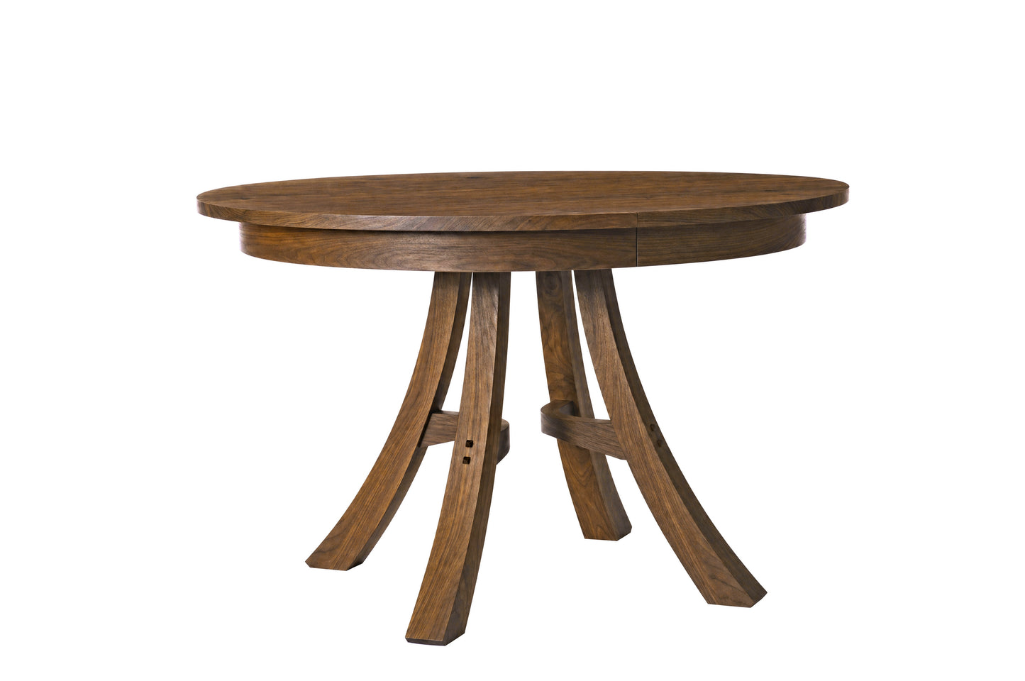 A round wooden dining table with a medium brown finish and curved legs, shown on a solid white background.