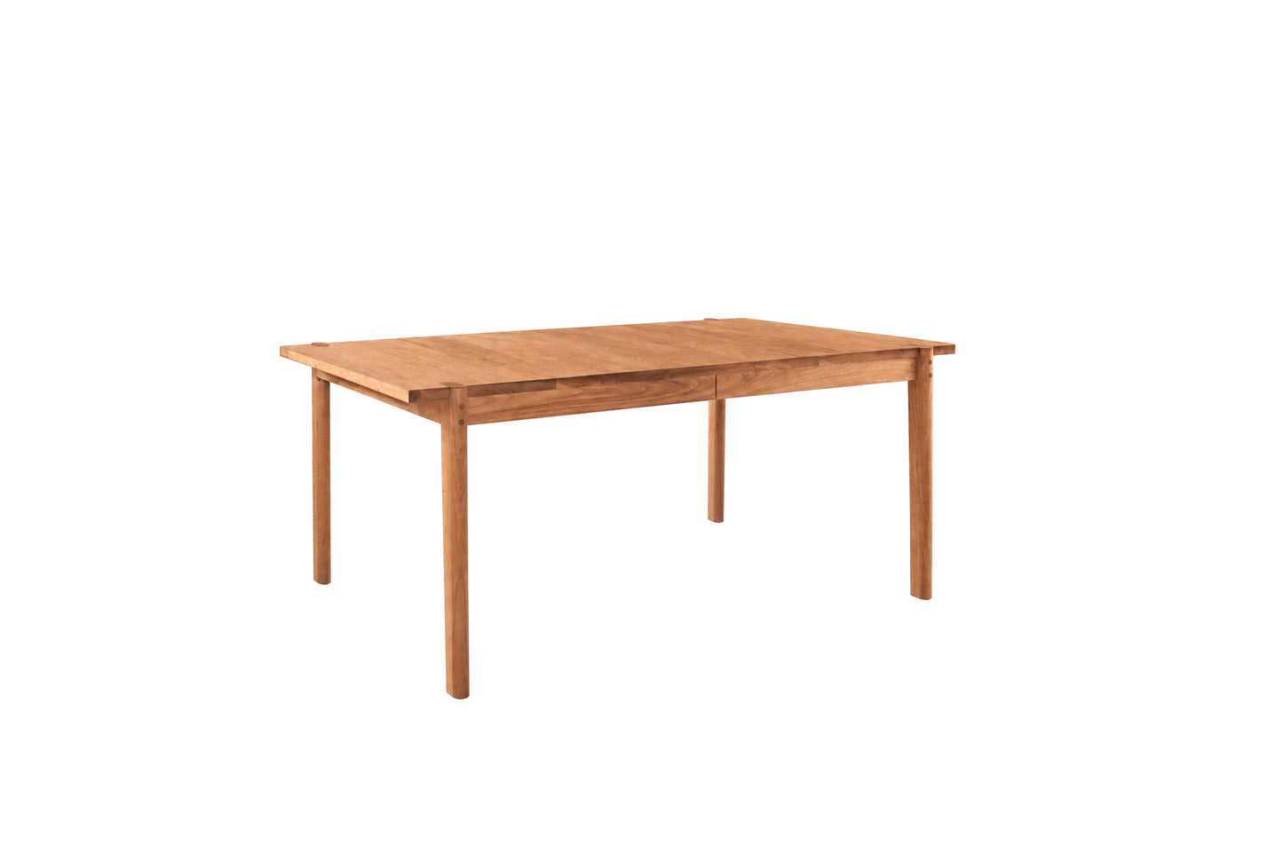 A rectangular wooden dining table with four legs, shown from a three-quarters angle on a solid white background.