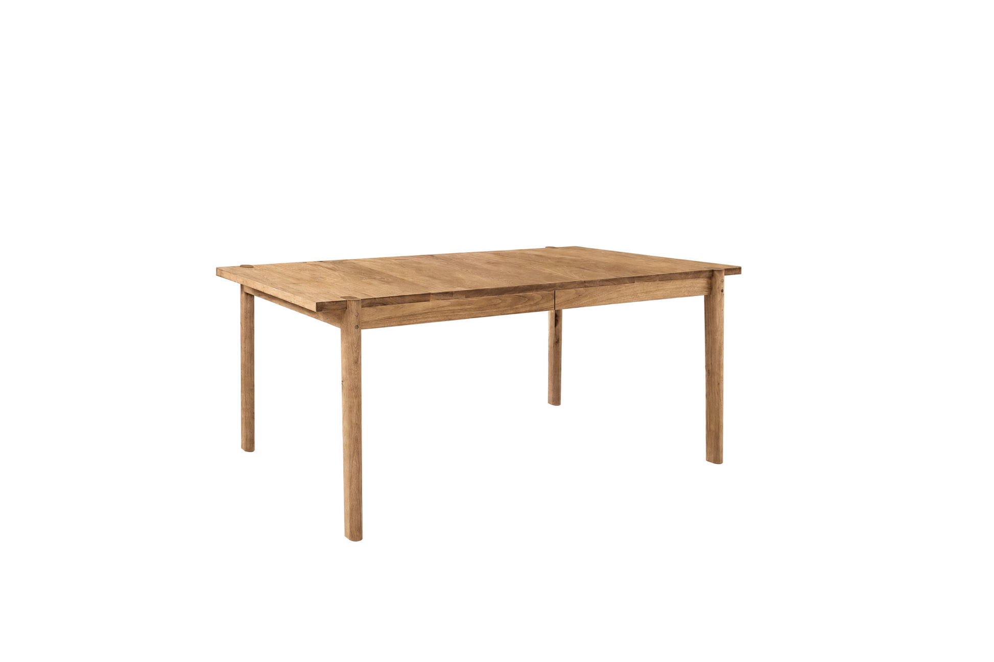 A rectangular wooden dining table with a natural oak finish, featuring four legs and a simple, clean design, shown on a solid white background.