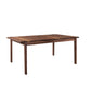 A dark brown wooden dining table with a rectangular shape and four legs, shown from a three-quarters angle on a solid white background.